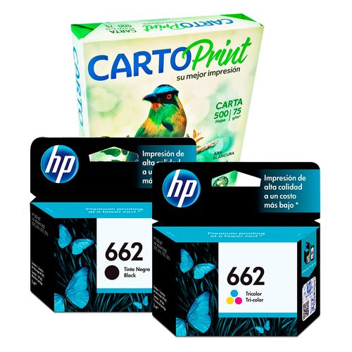 Cartucho HP 662-Negro + Cartucho HP 662-Tricolor + Resma Papel Cartoprint Carta 500 Hojas