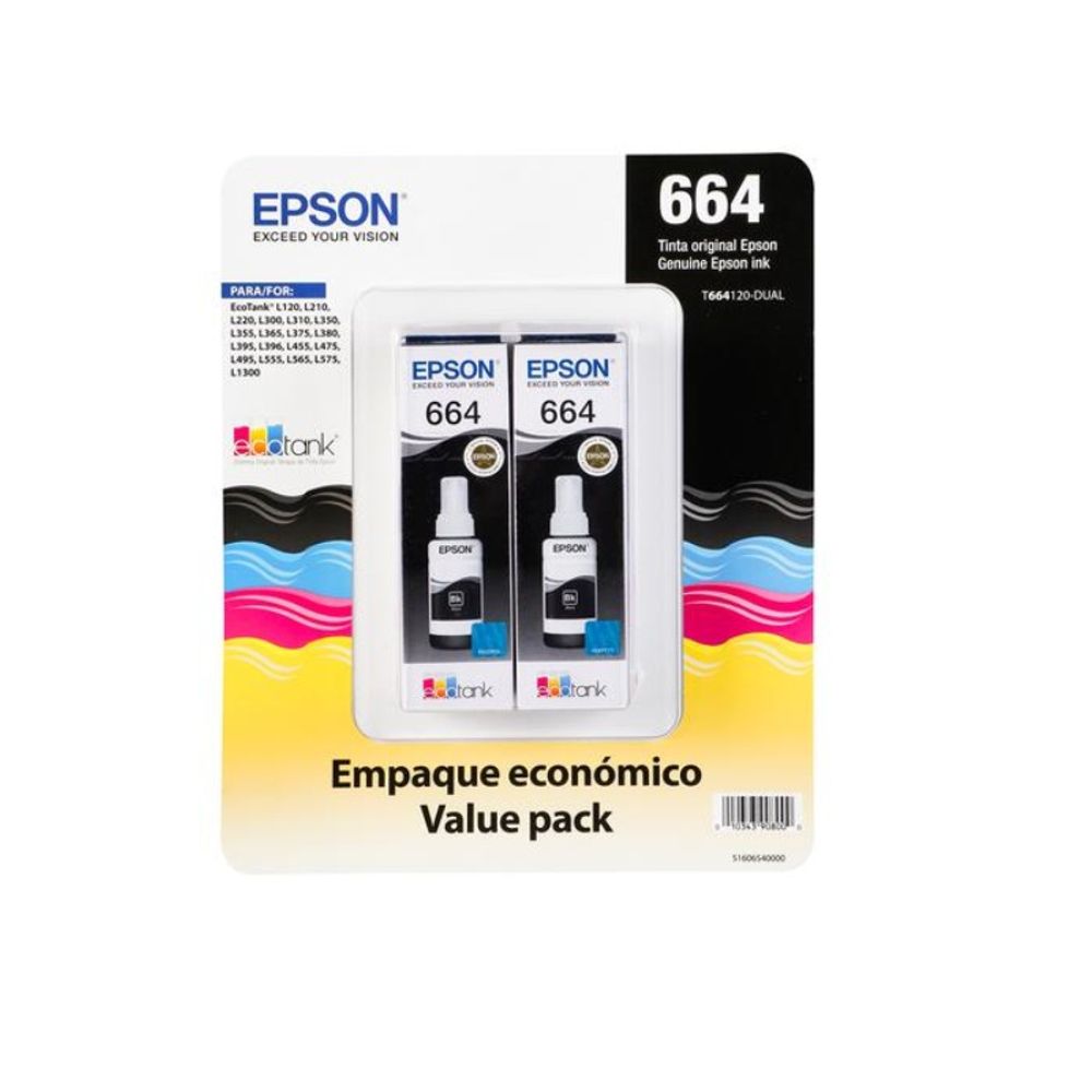 Kit Botella de Tinta Epson T664 Negro T664120-DUAL (L120-L200-210-350-355-365-455-555-565-1300)  70Ml - Polux